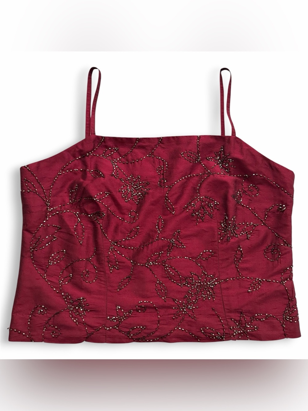 90s Vintage NY & Co Burgundy Red Beaded Floral Tank Top Silk Blouse